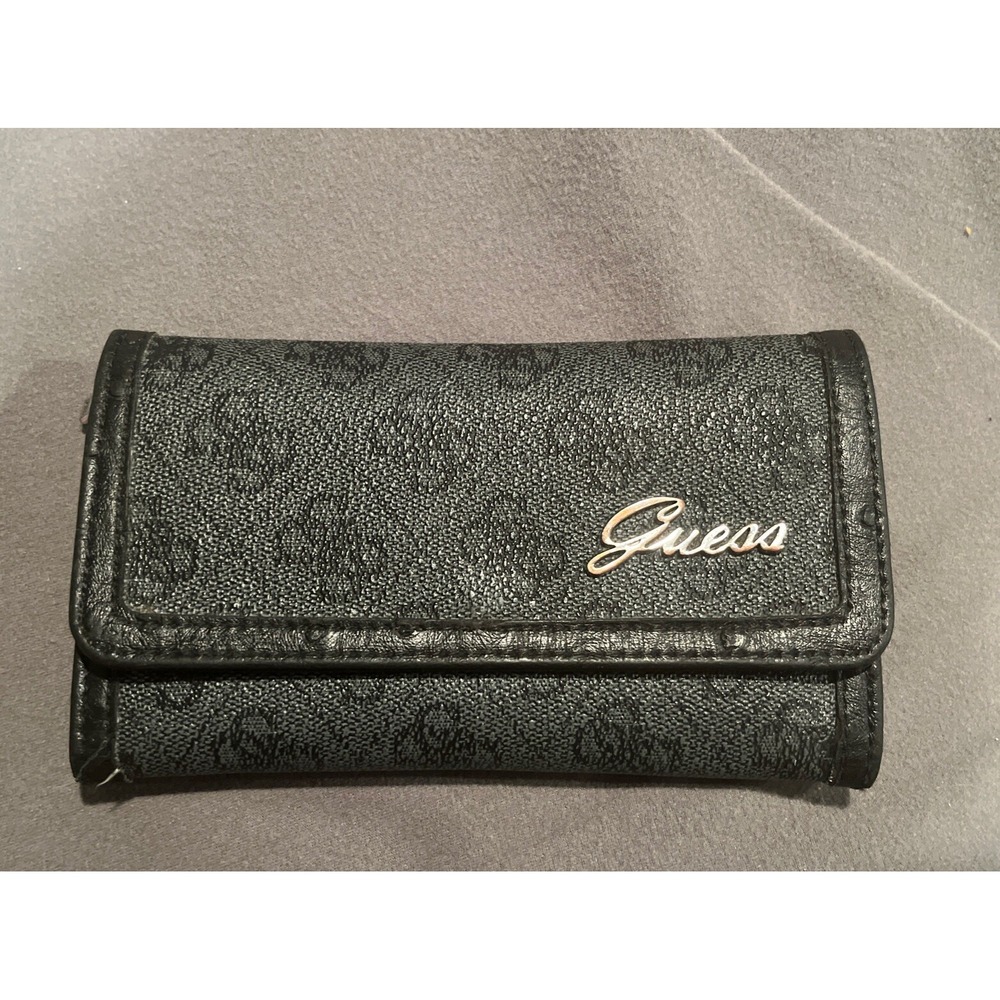 GUESS Trifold Wallet Black Charcoal Logo Pattern Canvas Snap Closure